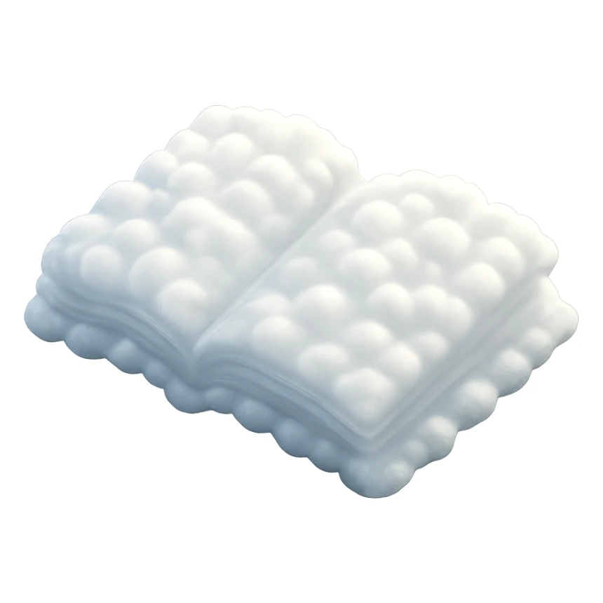 thick open book viewed from above, made entirely of small very bright white fluffy convex clouds, matte glass style, emphasis on volume and airiness, no background sticker