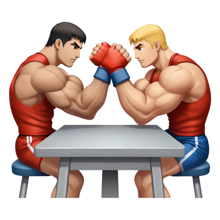 Two powerful arms locked in an intense arm wrestling competition. One arm is strong and steady, while the other strains to push back. The background shows a simple table with a focus on the clash of strength and determination. Transparent background. sticker