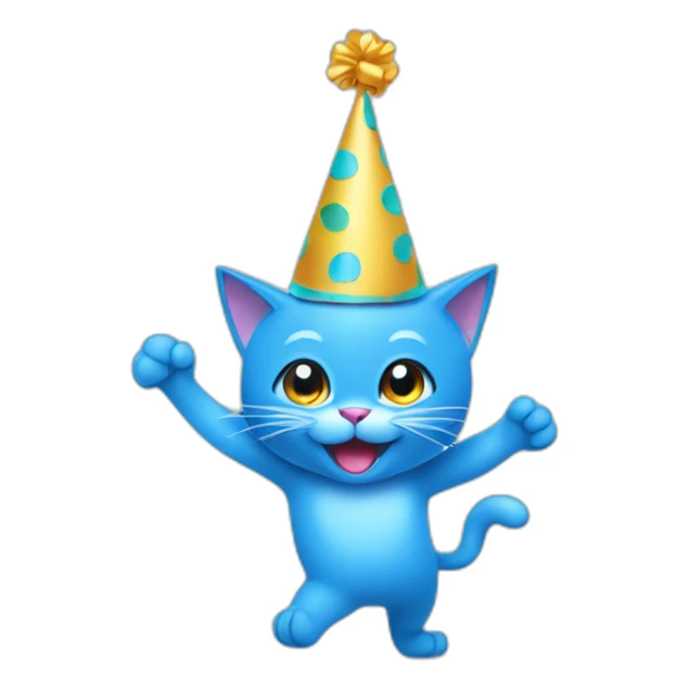 blue dancing cat with a party hat as outline illustration sticker