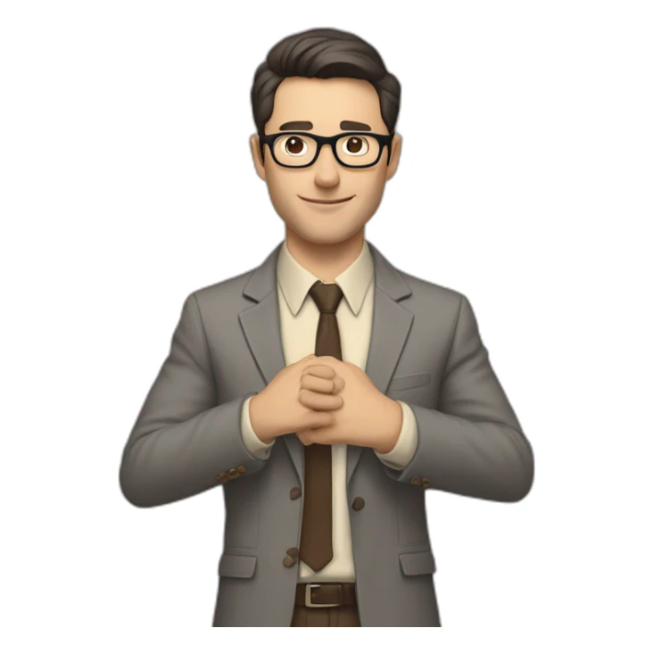 To belt Actively gesturing with hands Pale skinned fit man with dark brown hair in gray jacket, beige office shirt, brown tie, brown pants and vintage glasses. sticker