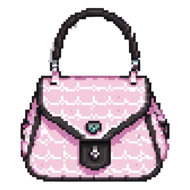 pink and black gothic purse, pixel art style, cute and chibi, small size, simple details sticker