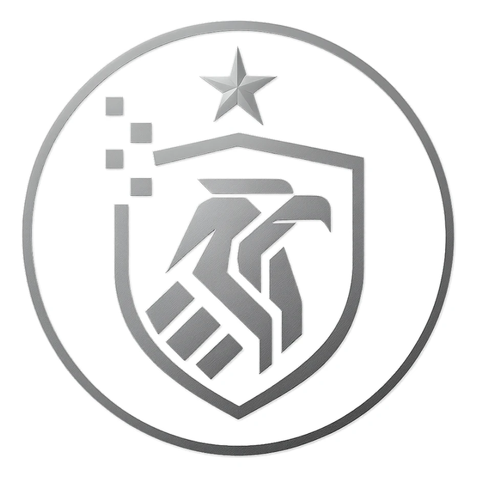 Place the logo inside a bold, modern circular badge. Maintain the minimal, futuristic, and authoritative style with dark blue, gray, and metallic silver colors. Ensure the design remains clean and recognizable at small sizes, with no background outside the circle. sticker