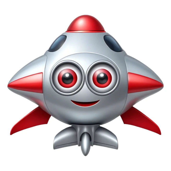 A silver and red toy spaceship with big eyes and a smiling face sticker