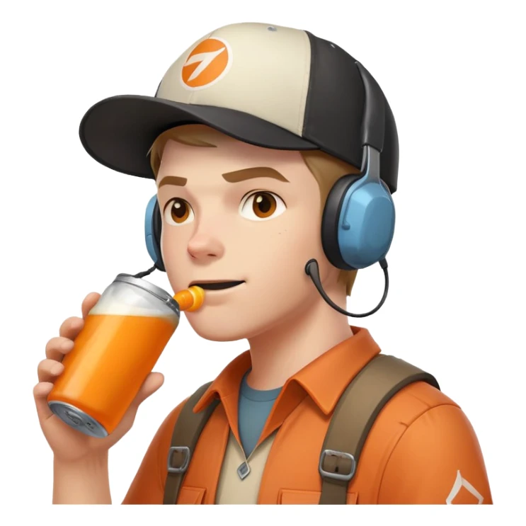 Team Fortress 2 Scout drinking BONK! Atomic Punch orange can, wearing headset and baseball cap, canonical appearance sticker