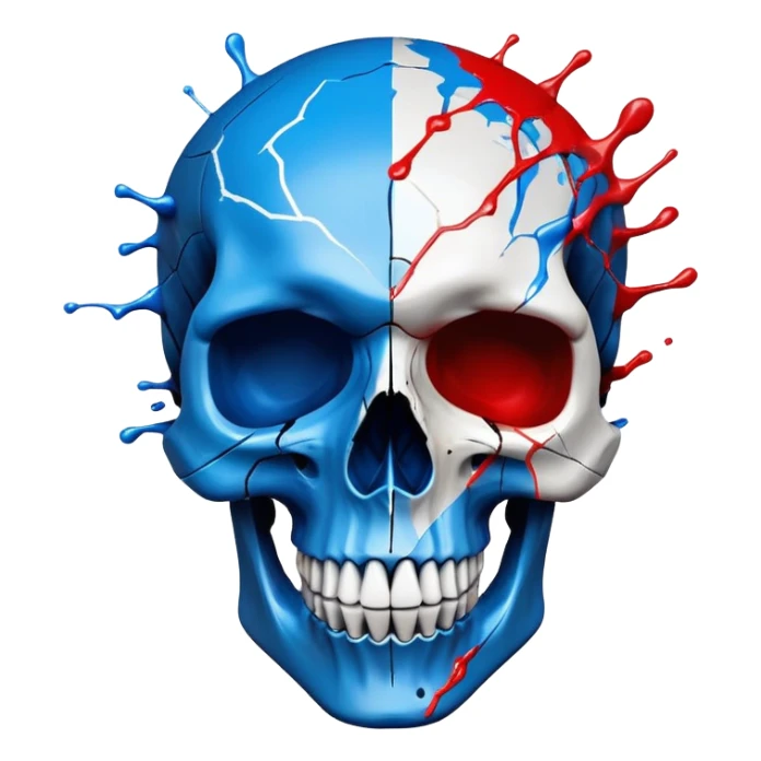 premium black skull with geometric brand patterns, striking electric blue and red paint splashes only within skull contours, perfect detailed fine art quality, three-quarter view sticker