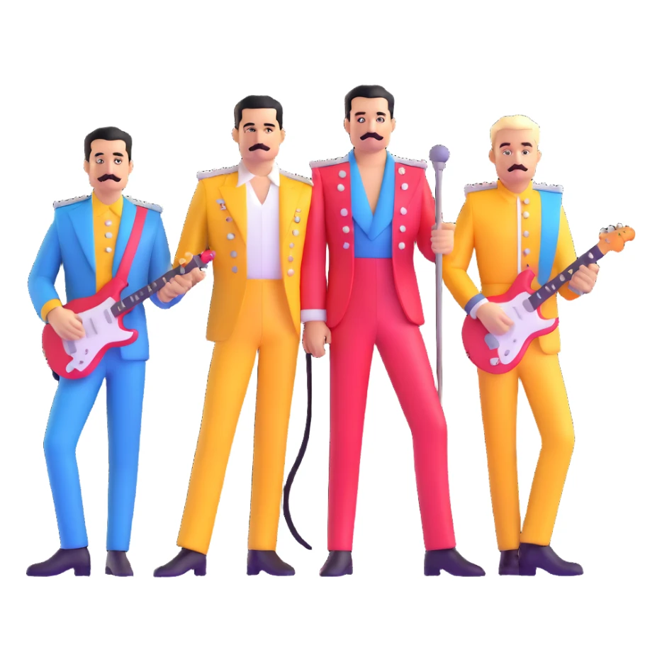 Freddie Mercury with Queen band members in colorful outfits sticker