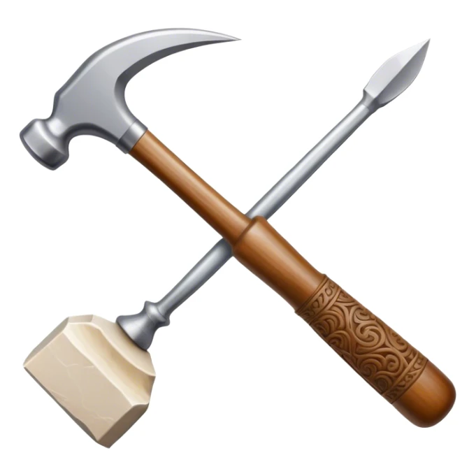 Carving icon, stone, bone, and horn with detailed patterns, carving tools like chisel, awl and hammer, minimalistic style, clean lines, transparent background. sticker