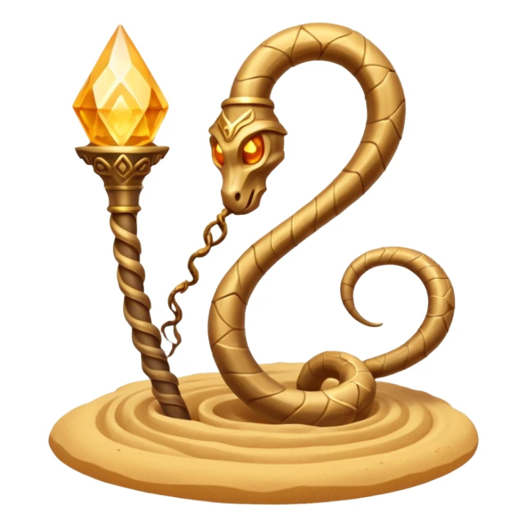 desert sand mage staff object icon, ancient staff with serpent coils around it, glowing golden sand gem on top, swirling sand aura, fantasy desert weapon, 3D cartoon, mobile game icon style, centered, clean background, no text, no watermark
 sticker