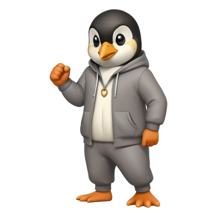 friendly anthropomorphised penguin wearing a mafia-style tracksuit, secretive scheming pose, angry expression, stomping while walking, holding a knuckle duster sticker
