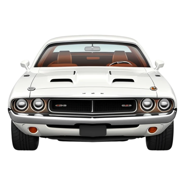 Classic white 1971 Dodge Challenger, perfect 30-degree angle view, highly detailed front grille and headlights, clean all-white exterior, authentic muscle car lines, iOS emoji style sticker