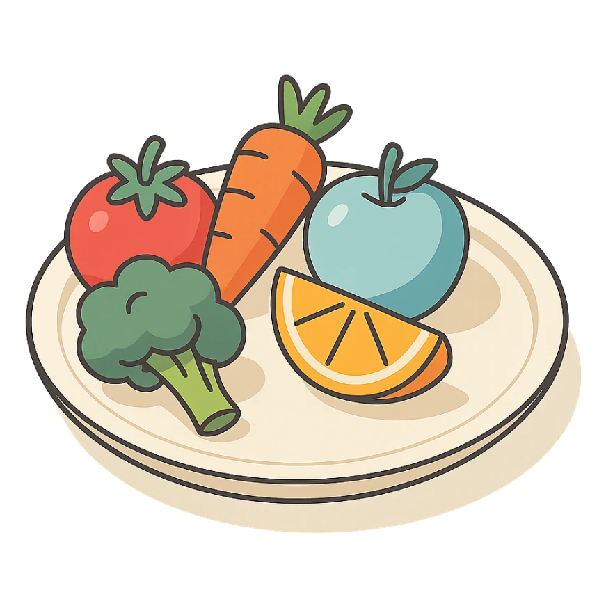 Harvard plate with vegetables and fruits, 2D isometric style, minimalist background, soft shadows and highlights, transparent background, vegetables and fruits mixed on the plate sticker