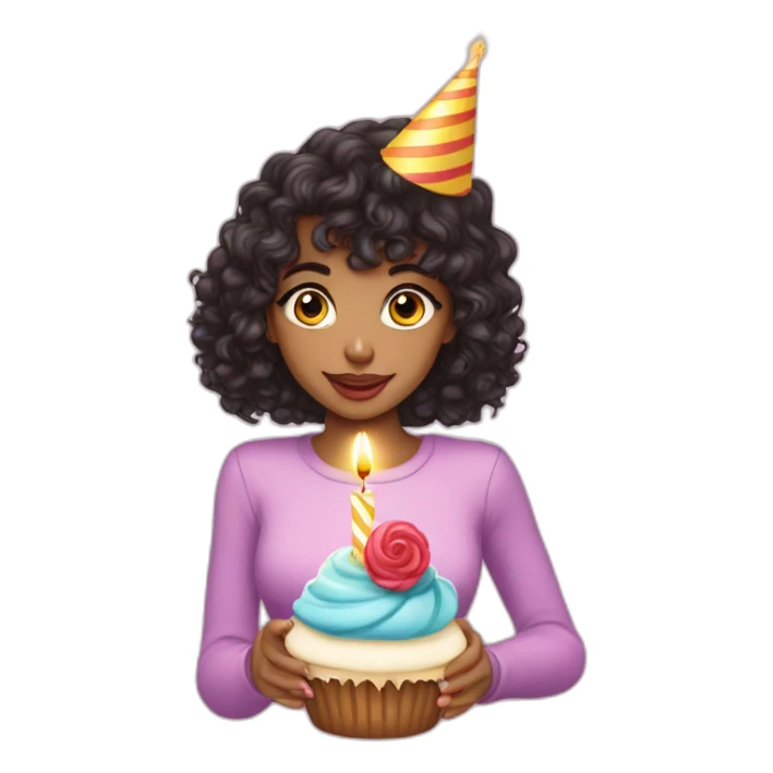light-skinned girl with dark curly hair and bangs in a birthday cap with a cupcake with a candle sticker