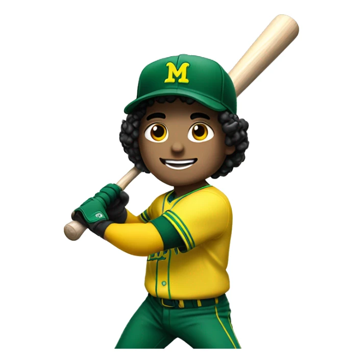 White boy with black curly hair swinging baseball bat with green and yellow uniform with an M in his hat sticker