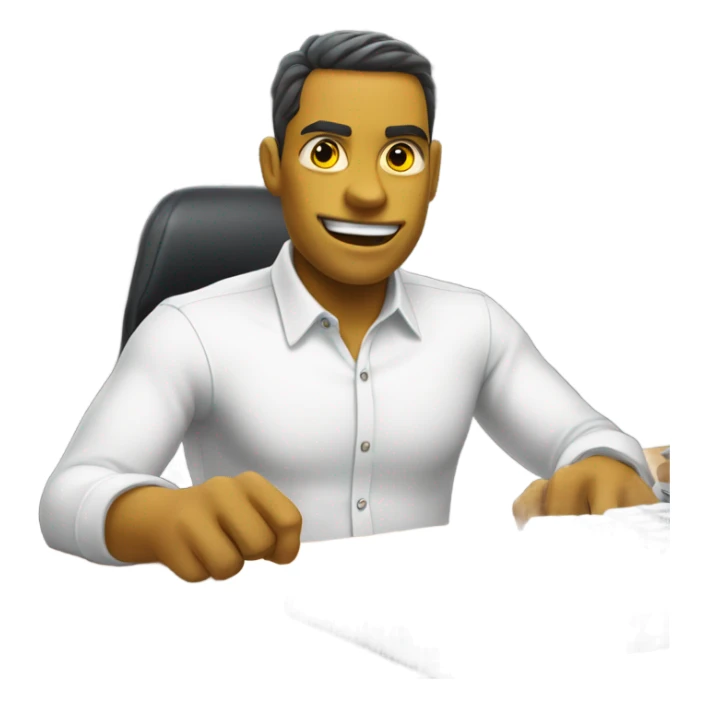 yellow skin man using white keyboard on desk wearing white button down shirt front view sticker
