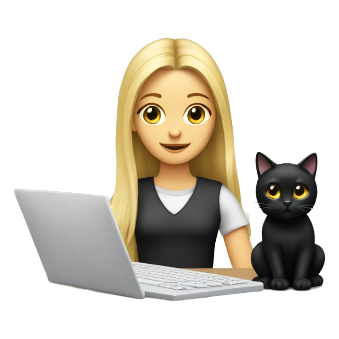 A long haired blonde girl designing with a computer, with a black cat  sticker