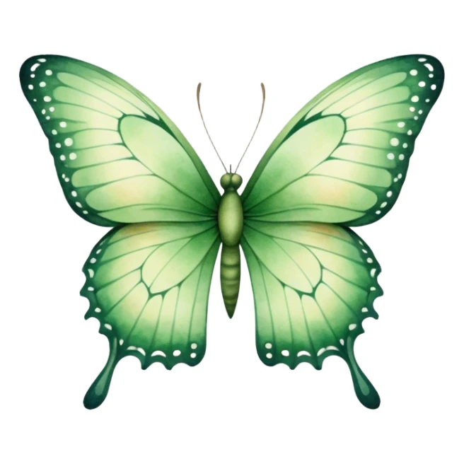 A delicate green butterfly with watercolor texture, featuring soft gradients and intricate wing details, set against a light beige background. sticker