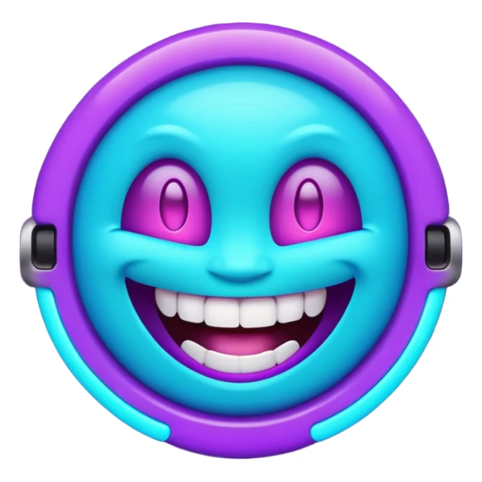 futuristic glowing emoji face laughing wide with glowing teeth, purple and cyan neon light, dark background sticker