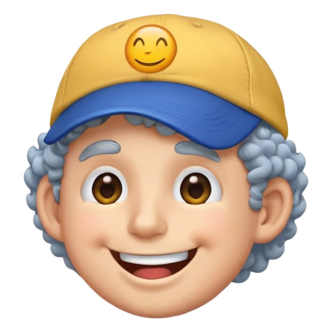 a yellow faced emoji, simple style, big smile, winking, blue ball cap on backwards, cartoon, curly grey hair sticker