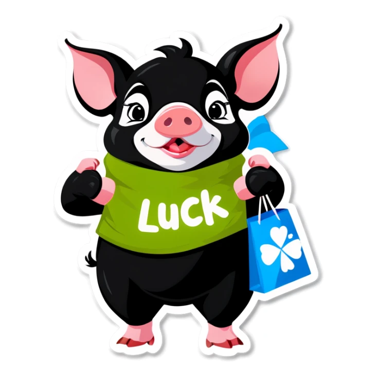 a black piglet holding 4 bags with "luck”written on it sticker