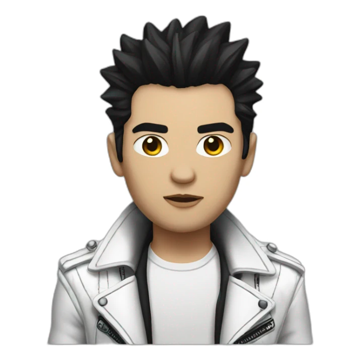 Punk male,dark hair, with white leather jacket with dark hair sticker