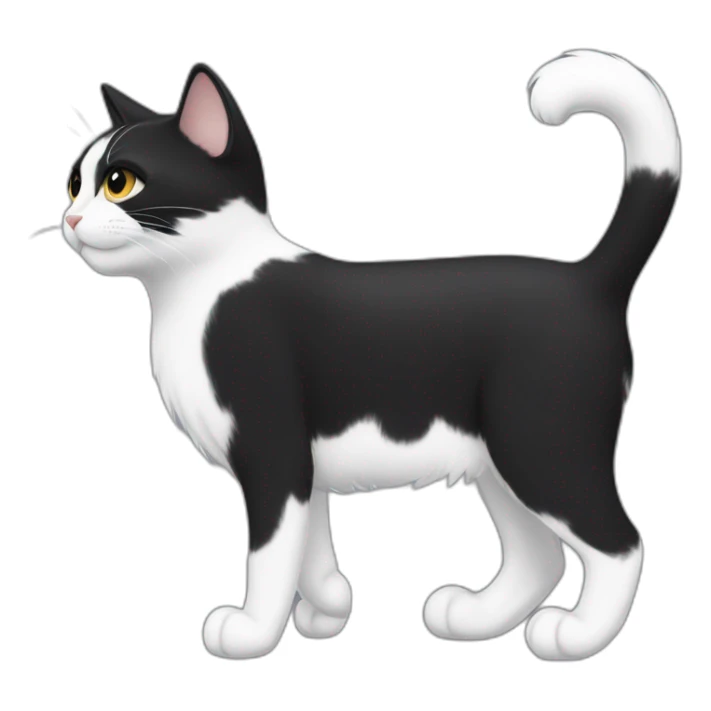 black and white cat walking profile whole body black, whispy fur on tip of ears, white paws and black legs sticker