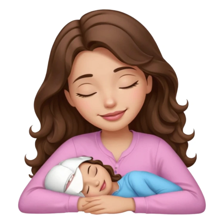 girl with wavy long brown hair, brown eyes, light to medium complexion, long lashes, light pink lipstick, smiling, wearing light pink shirt, sleeping sticker