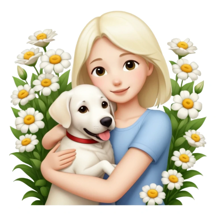 A girl happily hugs a white Labrador among the flowers sticker