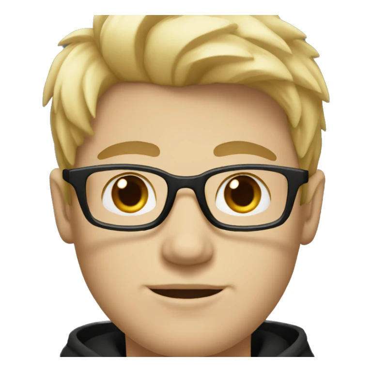 guy with white skin, puffy face, rectangle glasses and blonde hair with brown eyes, wearing a black hoodie sticker