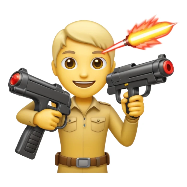 emoji character with a cartoonish laser gun, smiling sticker