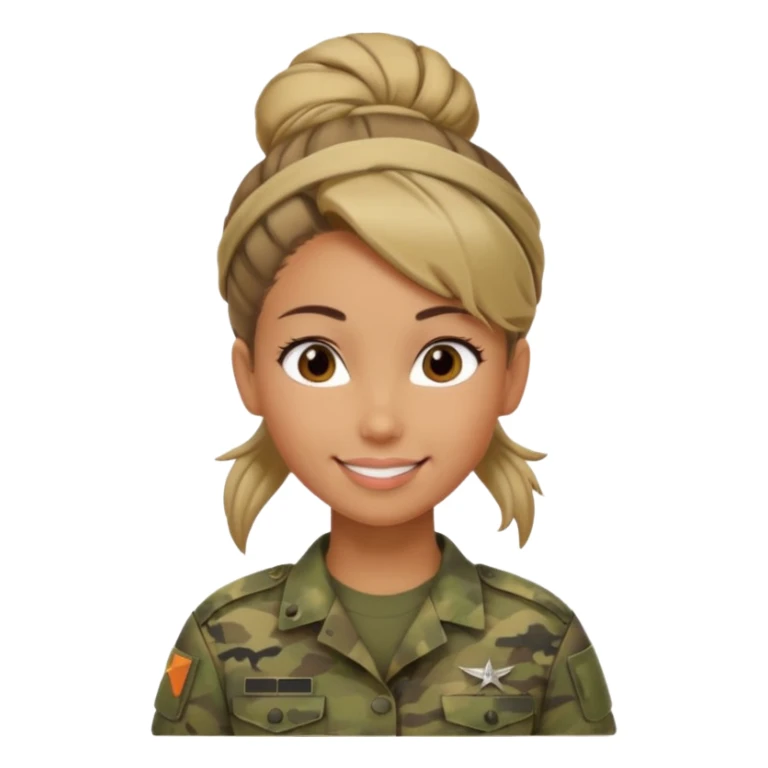 Apple-style emoji: female soldier, bust, no cap/helmet, friendly smile, generic camo top, hair in bun, soft gradients sticker