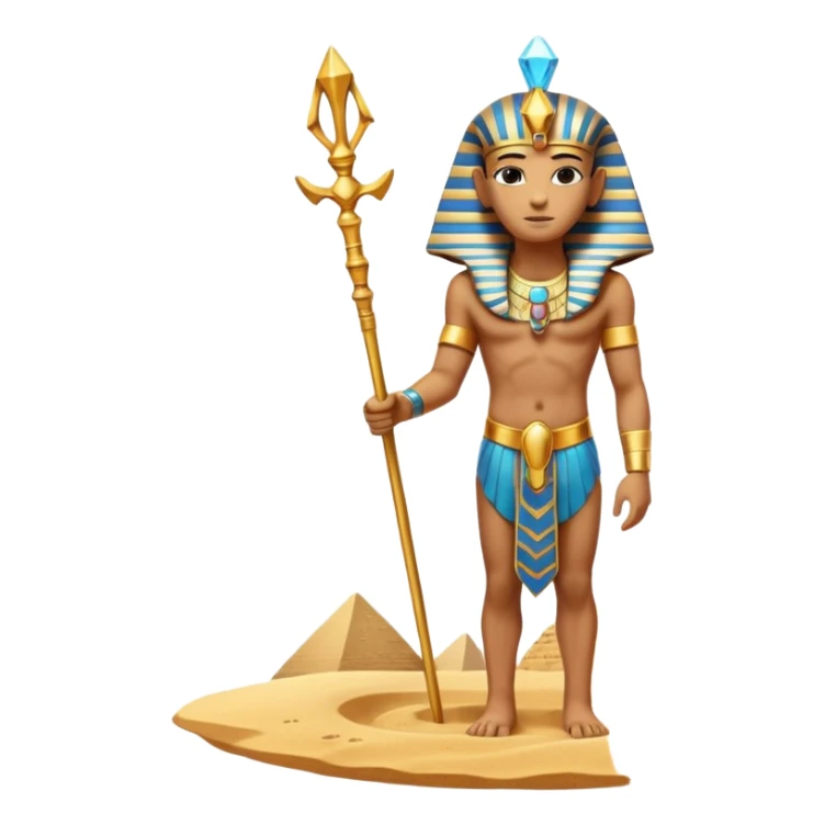 ancient pharaoh sand staff object icon, golden staff with Egyptian symbols, sandstone crystal headpiece, glowing desert aura, floating sand particles, 3D cartoon, mobile game icon style, centered, clean background, no text, no watermark
 sticker