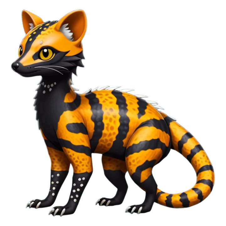 Rare warm-colored exotic edgy epic aesthetic spooky dark modern colorful cyber-Genet-Trico-Salandit-Civet-species-Fakemon-hybrid-creature, with beautiful intricate markings, full body sticker