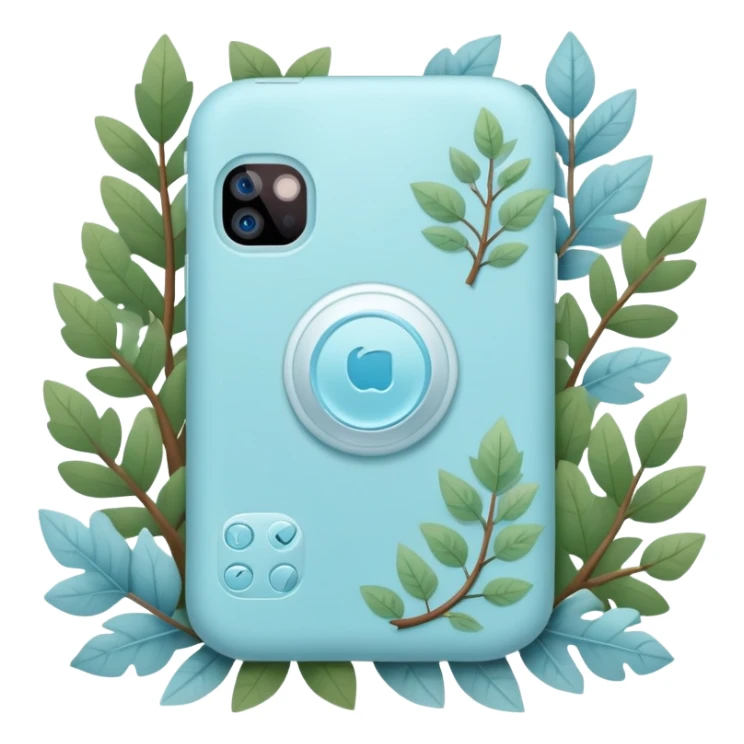 phone icon, pastel blue color, forest theme with leaves, trees, nature elements sticker