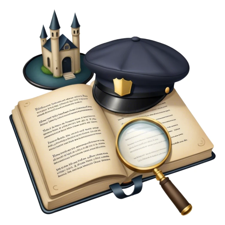 Icon for Detective Reading: an open book with text and a magnifying glass, a detective’s hat and a notebook with clues, surrounded by dark shadows and mysterious elements like footprints. Transparent background. sticker
