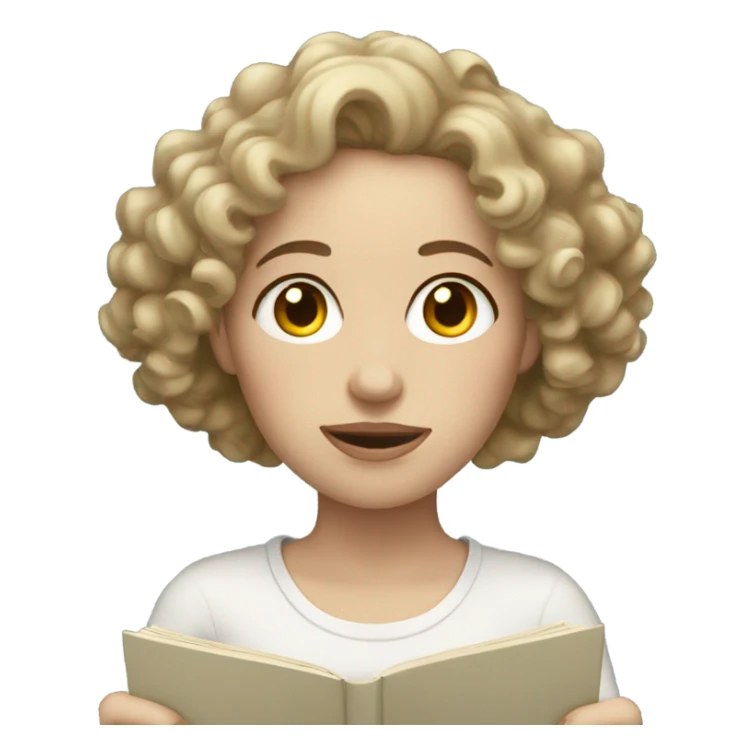 pale woman with curly hair reading sticker