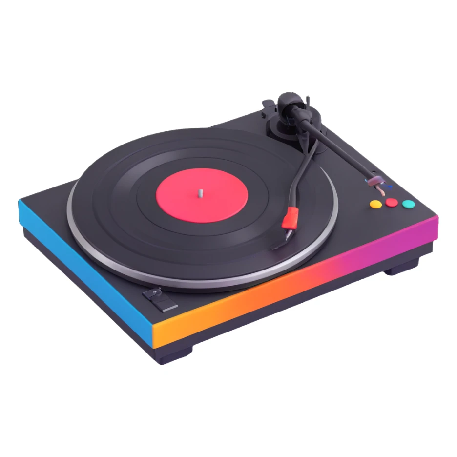 Propose a black Technics turntable in Pixar 3D style, with a matte finish and bold, colorful buttons for contrast, keeping the playful 3D animated Pixar style. sticker
