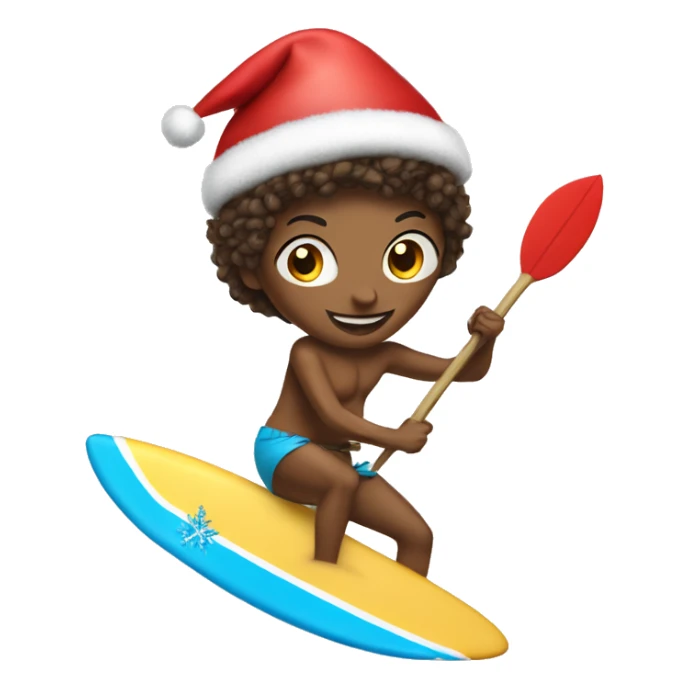 A tres riding a surfboard with a tutu and a Christmas hat sticker