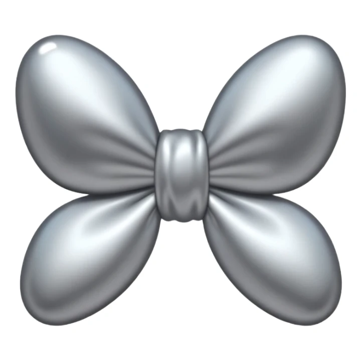 A cute bow emoji made of polished silver chrome, smooth rounded loops, glossy metallic surface, soft mirror reflections, subtle highlights, minimal and adorable proportions, iOS emoji style, centered composition, clean white background, soft studio lighting, no text, no outline, ultra high quality sticker