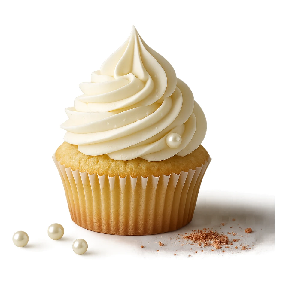 Change the icing to vanilla while keeping the realistic cupcake and accessories in a photorealistic style. Maintain transparent background. The style is photorealistic and realistic cupcake appearance. sticker