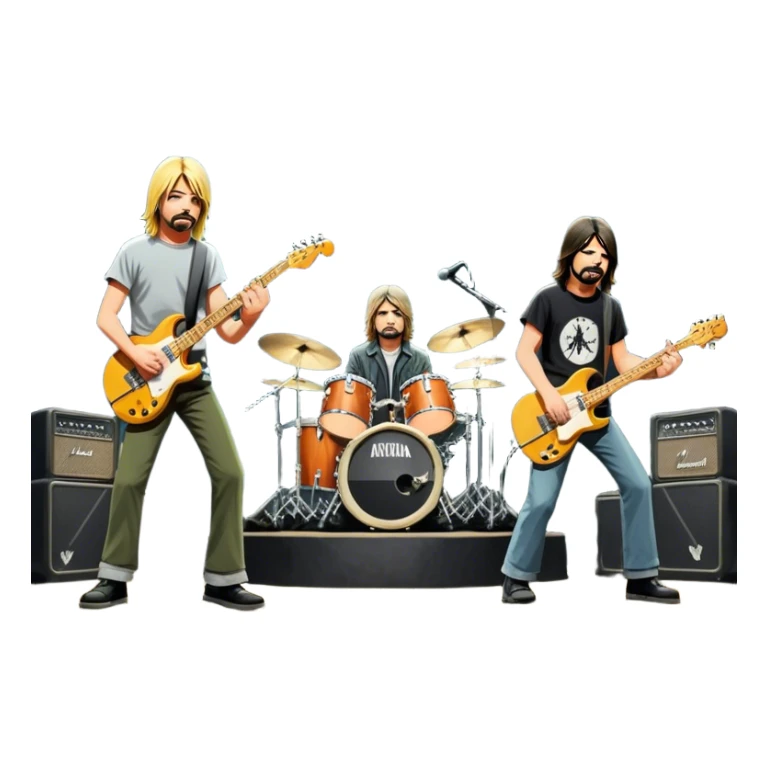 Icon for Rock Music: Nirvana performing on stage with Kurt Cobain on guitar and vocals, Krist Novoselic on bass, and Dave Grohl on drums. A grunge-inspired vibe with dynamic stage lighting and musical energy. Transparent background. sticker