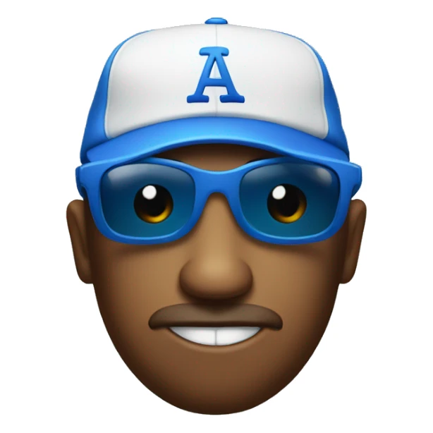 A smug look wearing sun glasses and a blue baseball hat sticker