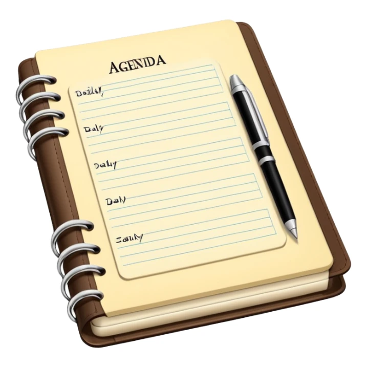 daily planner agenda cream leather with open page and pen with stickynotes sticker