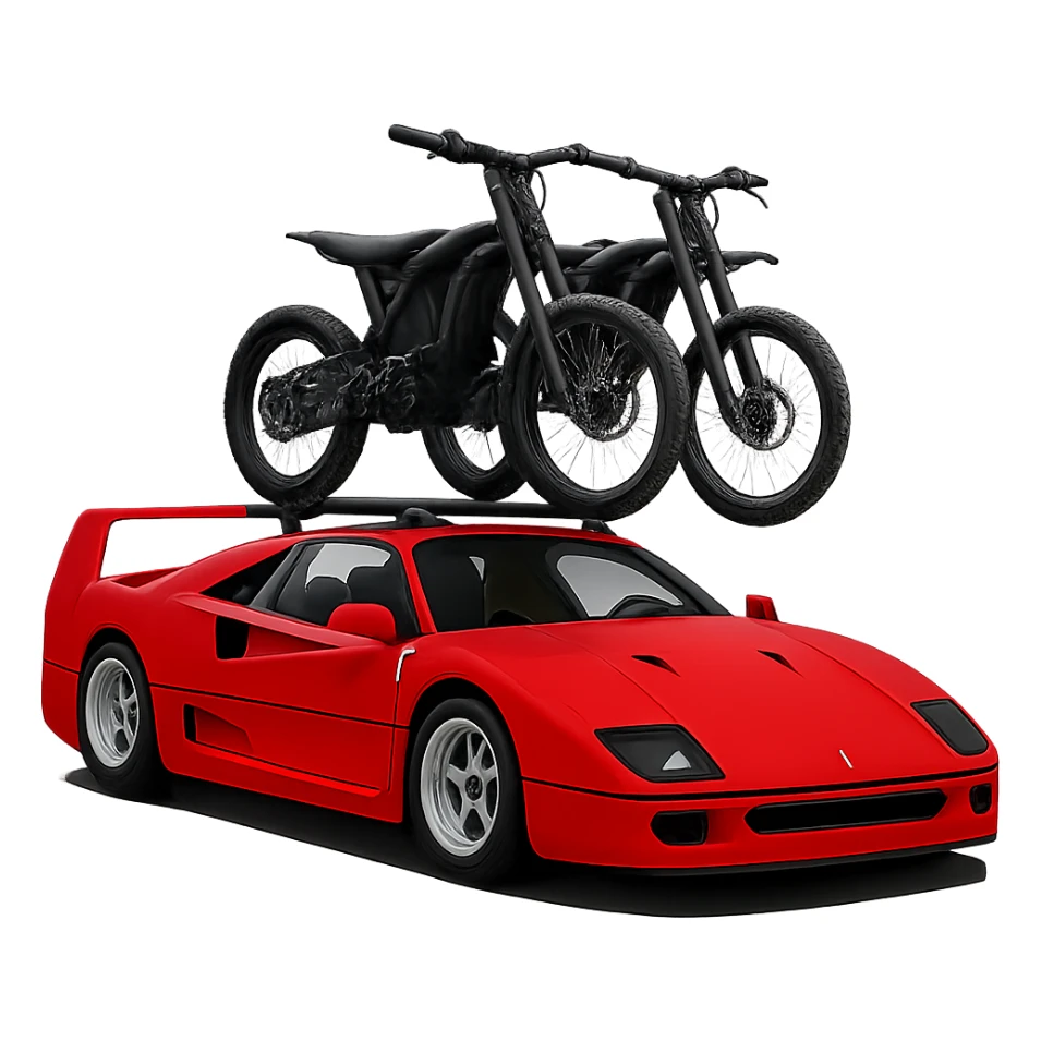 Make the two Sur-Ron electric bikes on the roof rack much smaller in proportion to the Ferrari F40. Keep the background transparent. sticker
