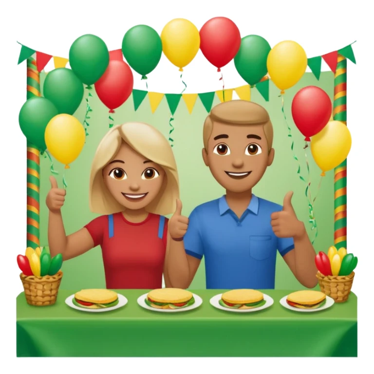 party table decorated with green red and  yellow colors, including a backdrops, balloons arch, streamers and more. On the table are intricate displays of colombian arepas, and baskets of money. In the forefront is a woman and man in simple clothing, big smiles and big thumbs up sticker