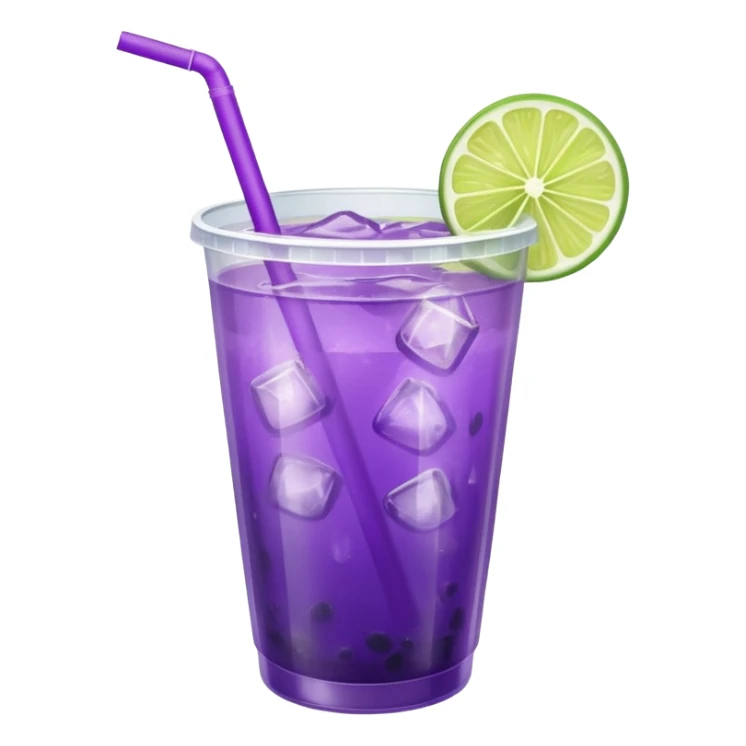 purple cocktail with a lime in a plastic cup with lid and straw sticker