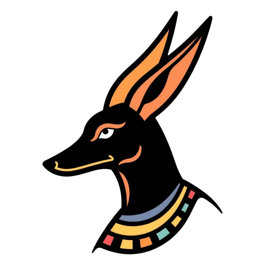 Egyptian god Anubis with jackal head, headdress, collar sticker