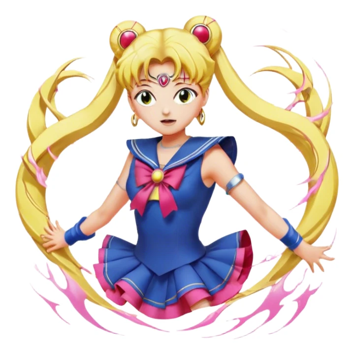 Icon for Anime: vibrant, dynamic scene with Bishoujo Senshi Sailor Moon in action, featuring exaggerated expressions and colorful backgrounds. The design should reflect the distinct, energetic style of anime, with iconic eyes and unique visual elements. Transparent background. sticker