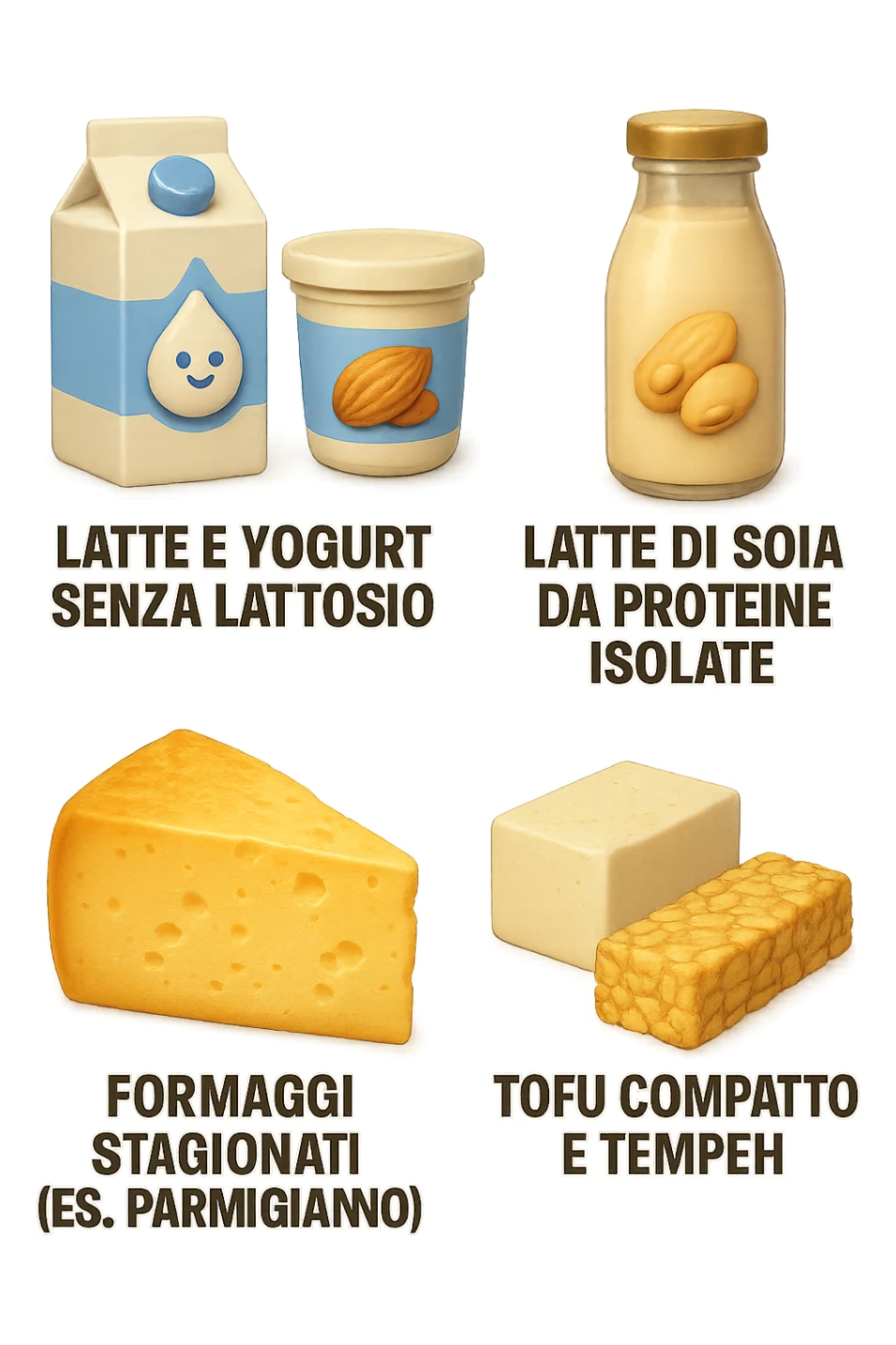 emoji stile iphone 3d di questi elementi che fluttuano in aria:

Latte e yogurt delattosati
Latte di mandorla (non zuccherato)
Latte di soia da proteine isolate
Formaggi stagionati (es. parmigiano)
Tofu compatto e tempeh
 che fluttuano in aria,  le etichette scrivile in italiano, iperealistico 4k sticker