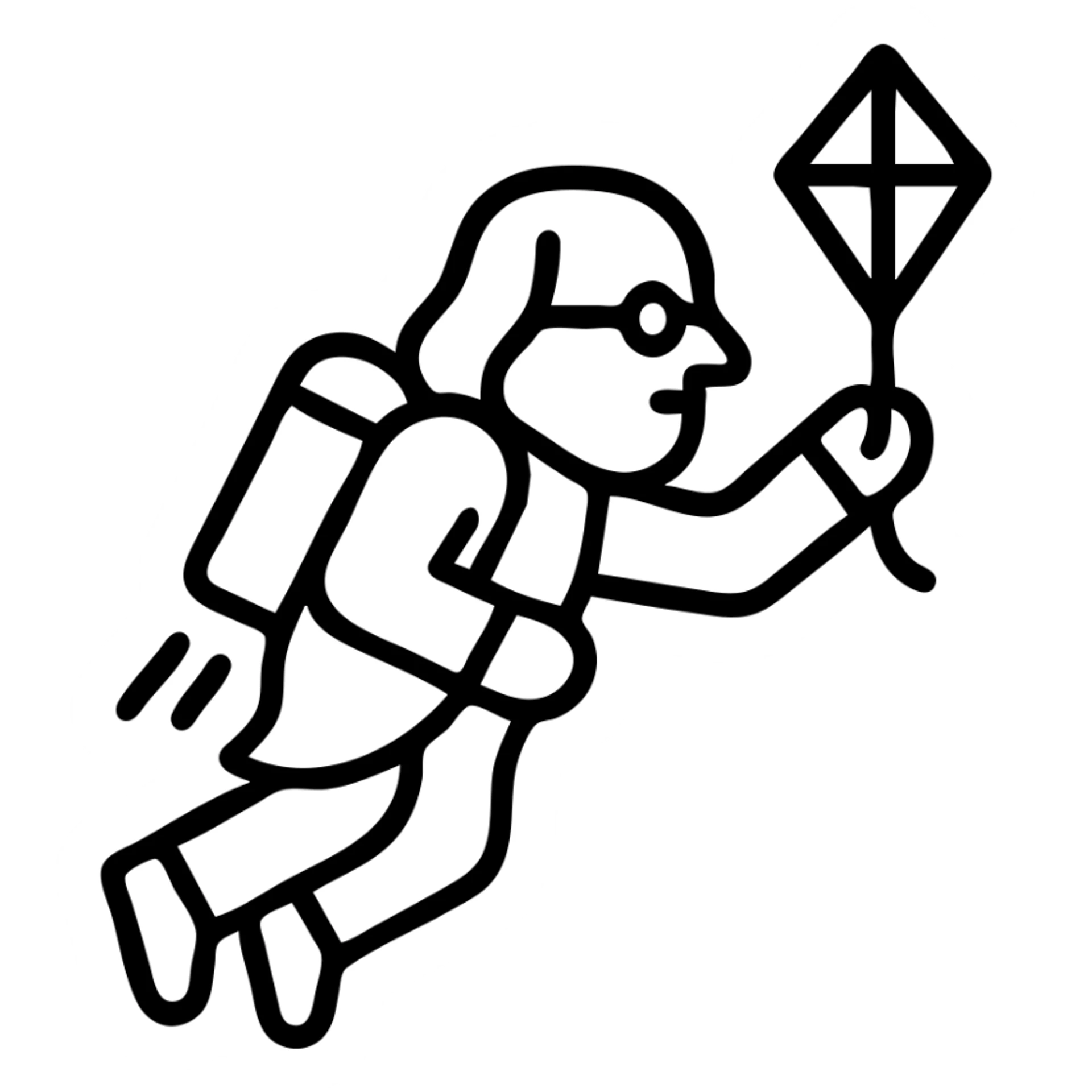 Ben Franklin flying with a jetpack, holding a small diamond kite in his left hand, minimalist black outline icon sticker