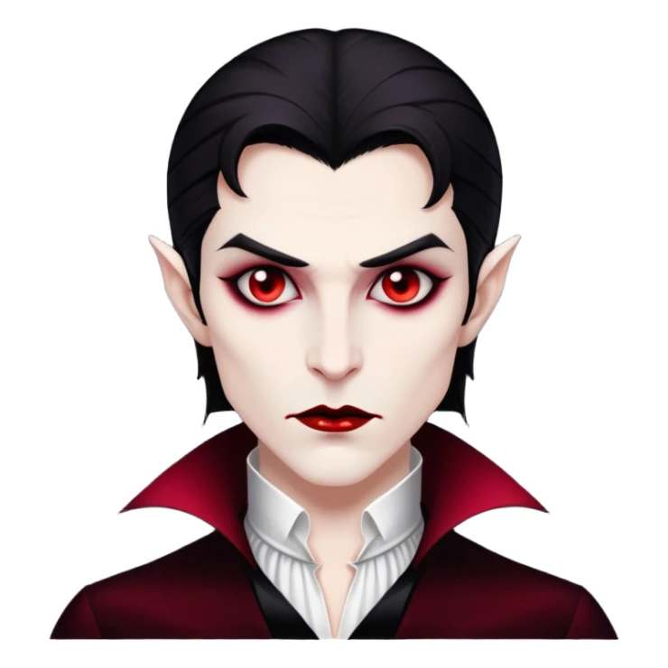 Cinematic Noble Vampire Portrait Emoji, Elegant and commanding, with a refined, pale visage framed by dark, velvet accents and a hint of crimson, exuding timeless seduction and dangerous allure, simplified yet exquisitely detailed, glowing with a soft nocturnal radiance and a subtle, mysterious outline that captures the regal spirit of an immortal lord of the night! sticker